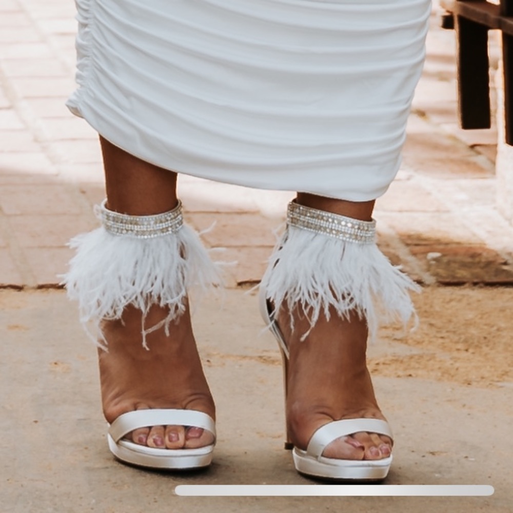 white sparkle feather heels